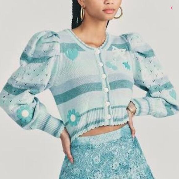 NWT LoveShackFancy Vesper Cropped Cardigan Mint Julep Multi Size Medium - Picture 1 of 16
